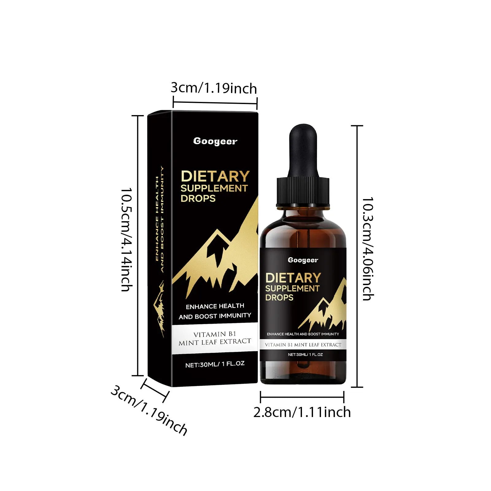 Bottle of dietary supplement drops with dropper for measured liquid nutrition servings