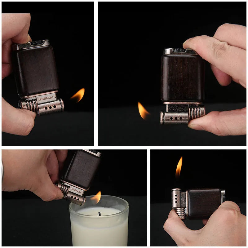 Ebony gas lighter with decorative wood finish in metal construction