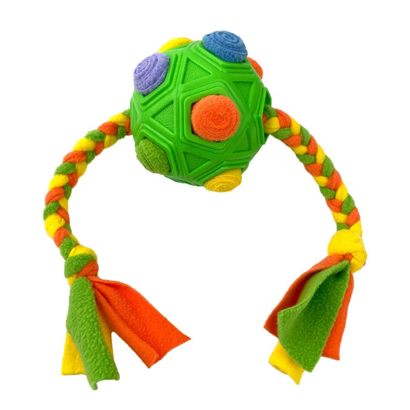Colourful silicone dog snuffle ball puzzle toy for IQ training and slow feeding.