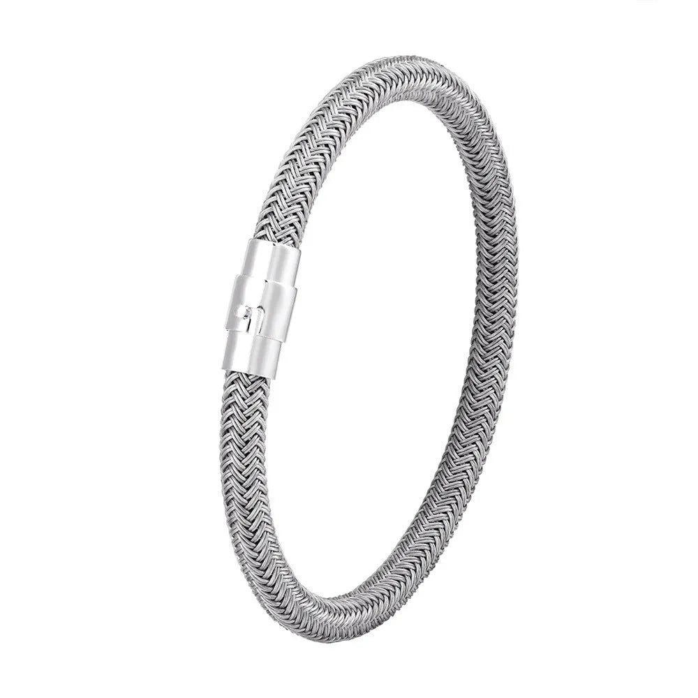 Titanium steel wire bracelet with magnetic clasp and geometric charm in unisex boyfriend style