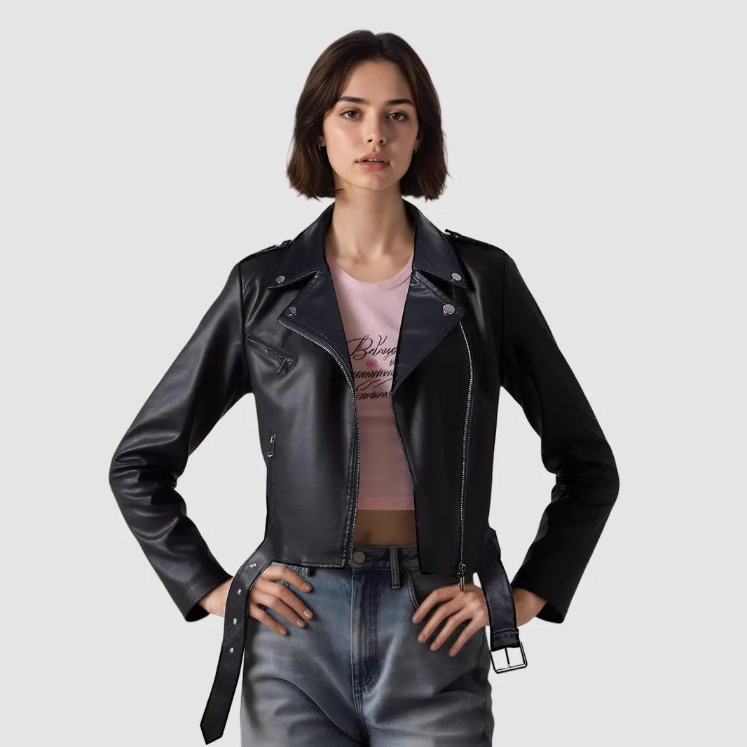Women's black PU leather motorcycle jacket with lapel collar and short belt detail