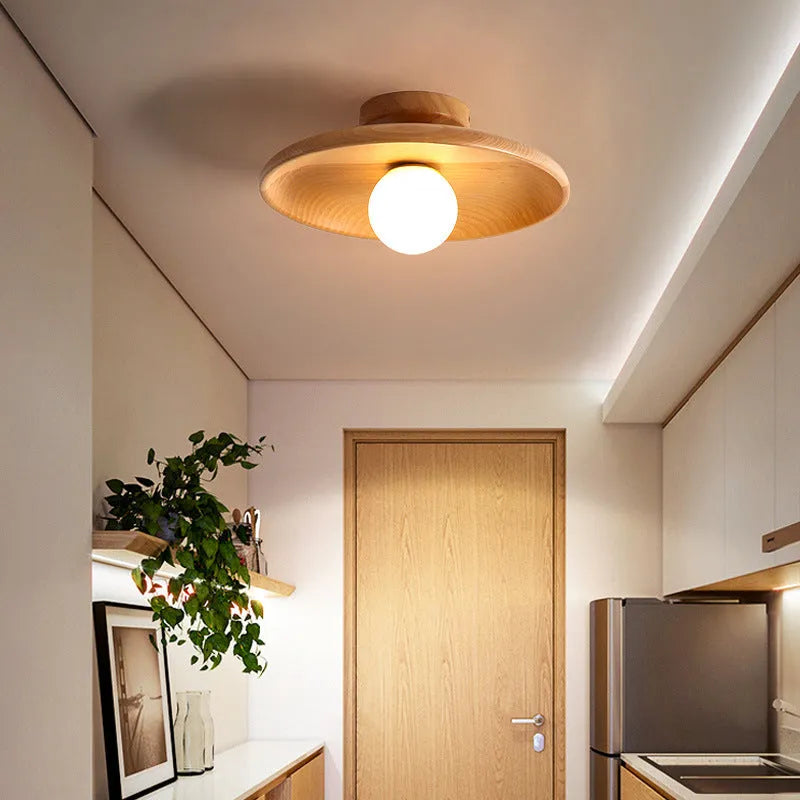 Minimalist solid wood and glass ceiling lamp in walnut colour, 28cm diameter