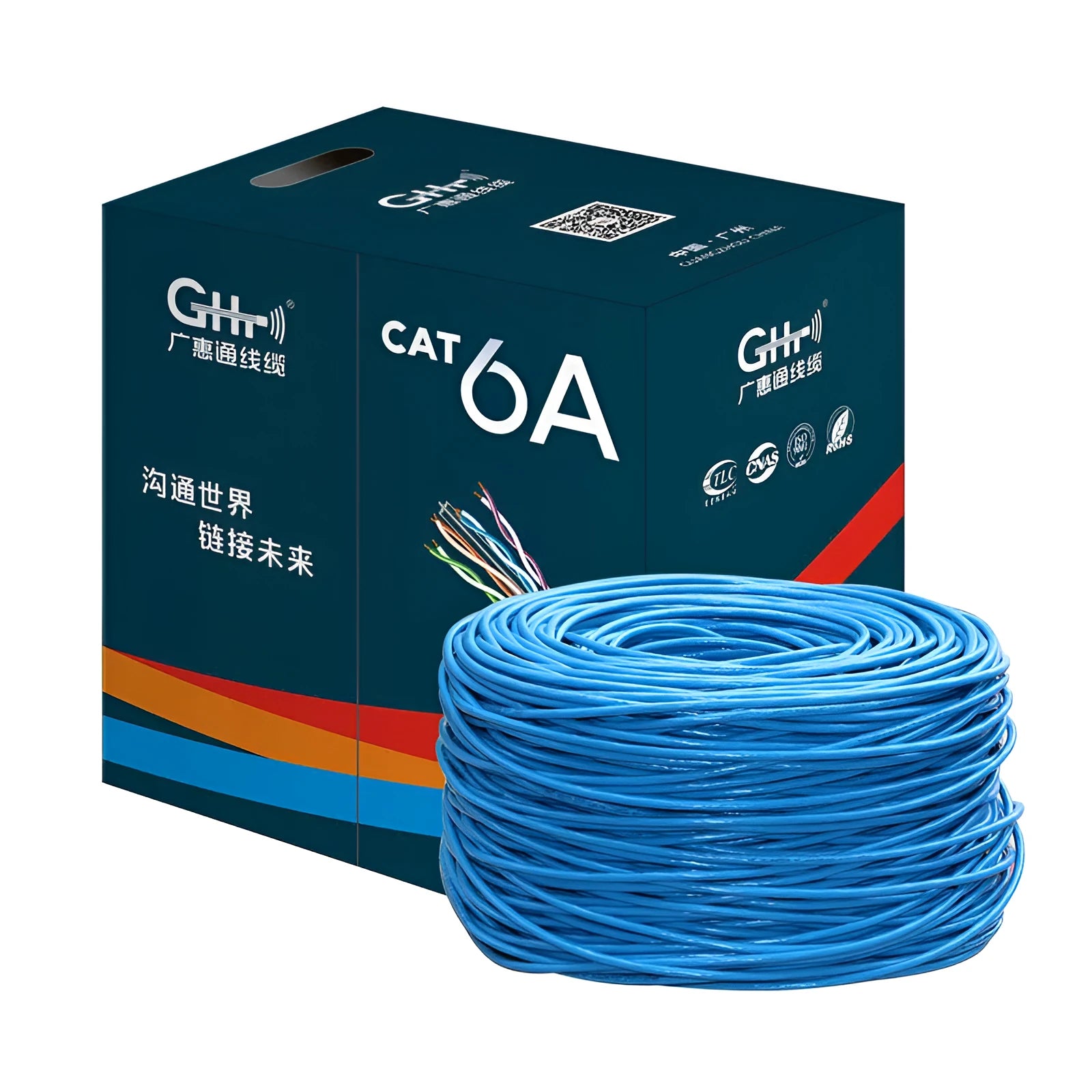 Blue Super Six Gigabit Ethernet cable spool with oxygen-free copper cores for network installations