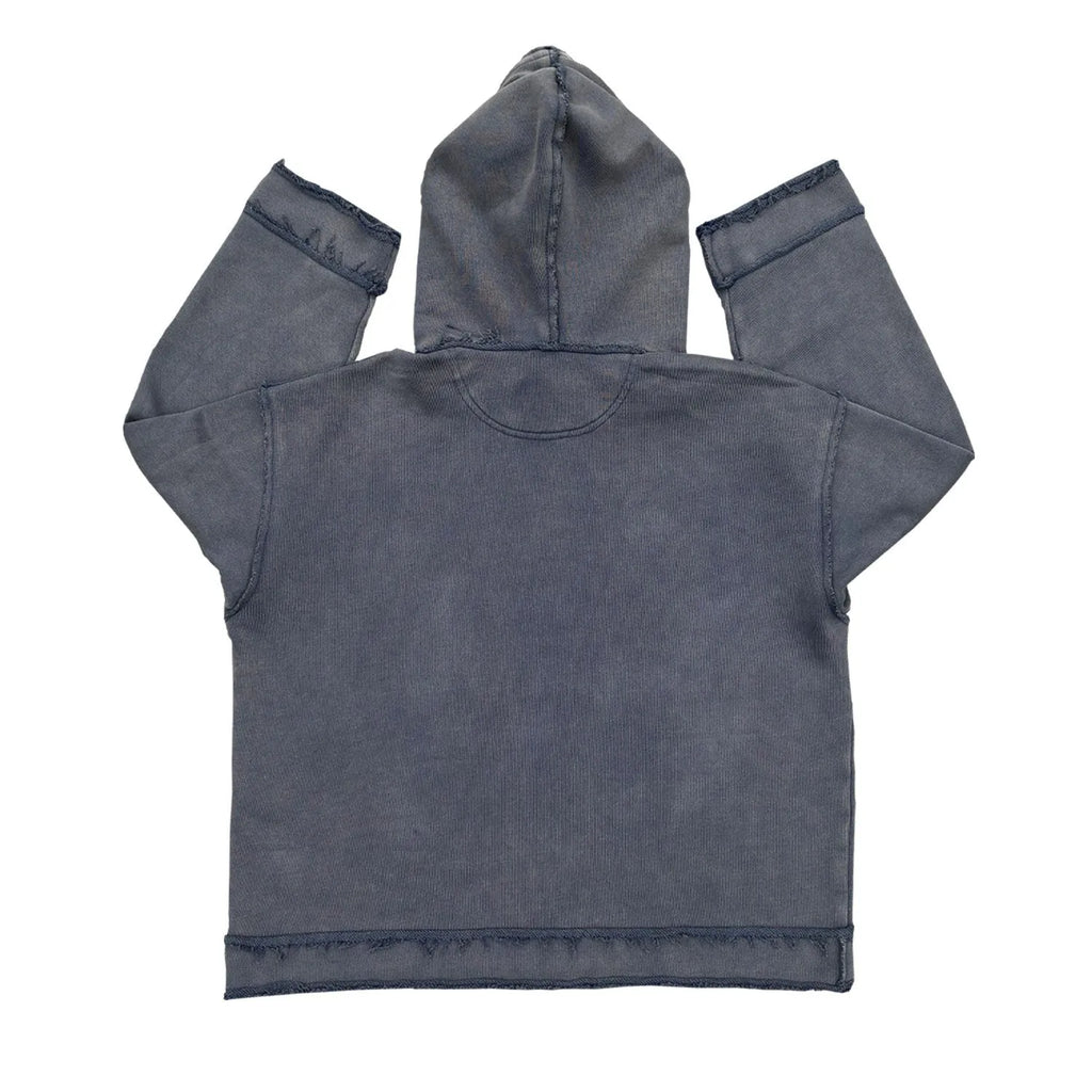 Dark blue hoodie with The Sun Also Rises graphic print on back, showing long sleeves and hood.
