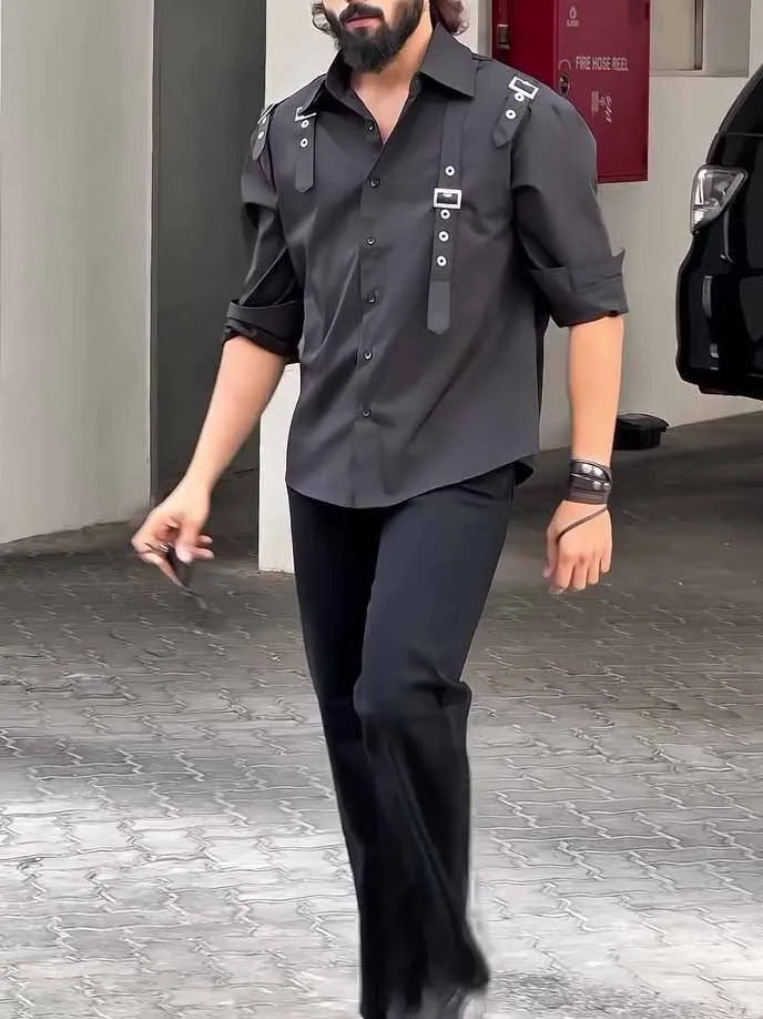 Men's black utility-style button-up shirt with regular fit and button-front design