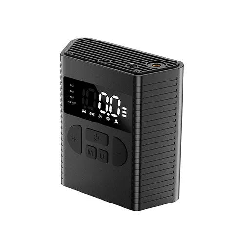 Wireless car tyre air pump with LED light, four nozzles, and storage bag on a grey background.