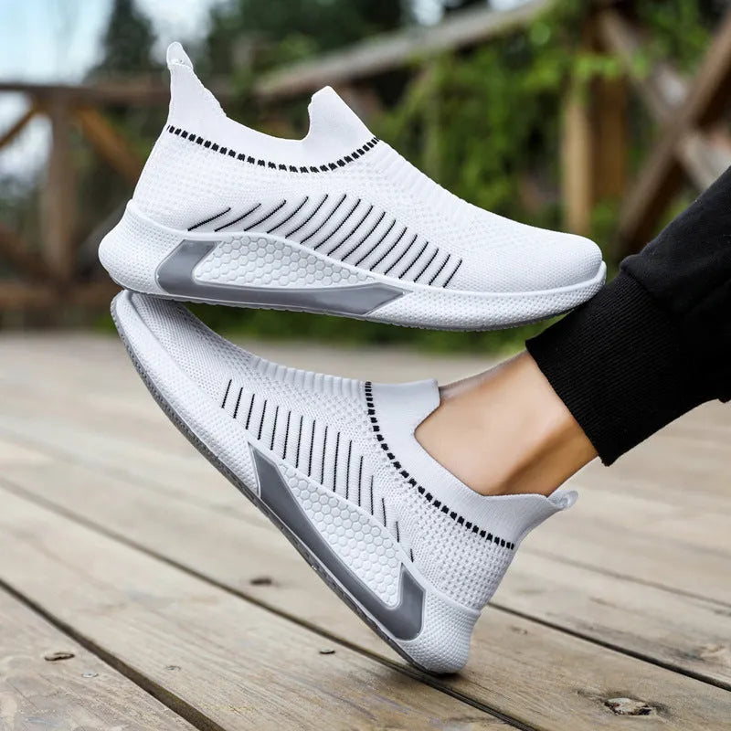 Men's striped mesh sock shoes with flyknit upper and lace-up front