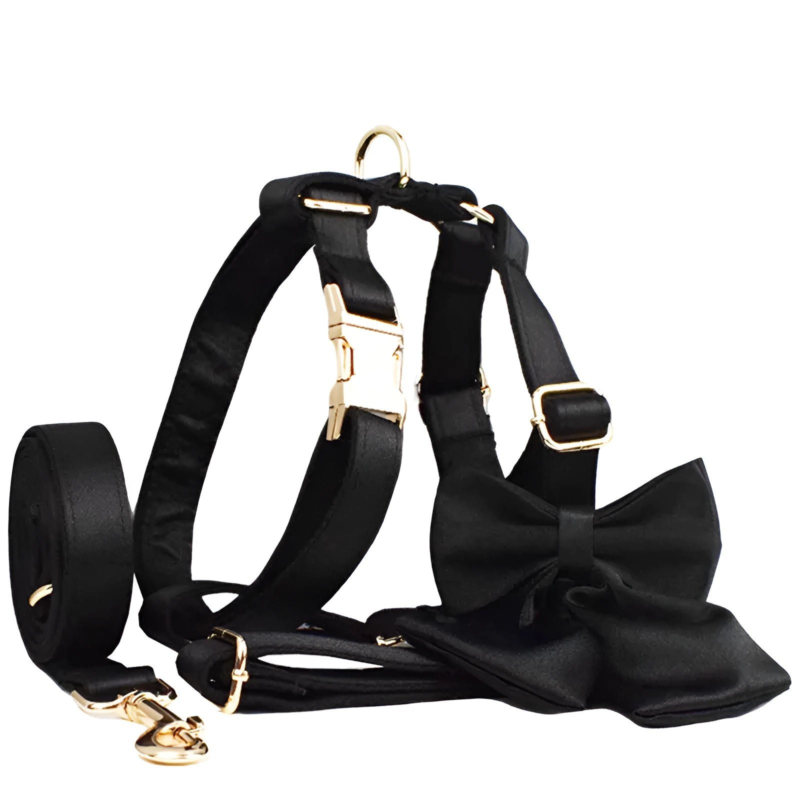Complete cloth dog harness set including chest strap harness, collar, leash, decorative bow, and vest.