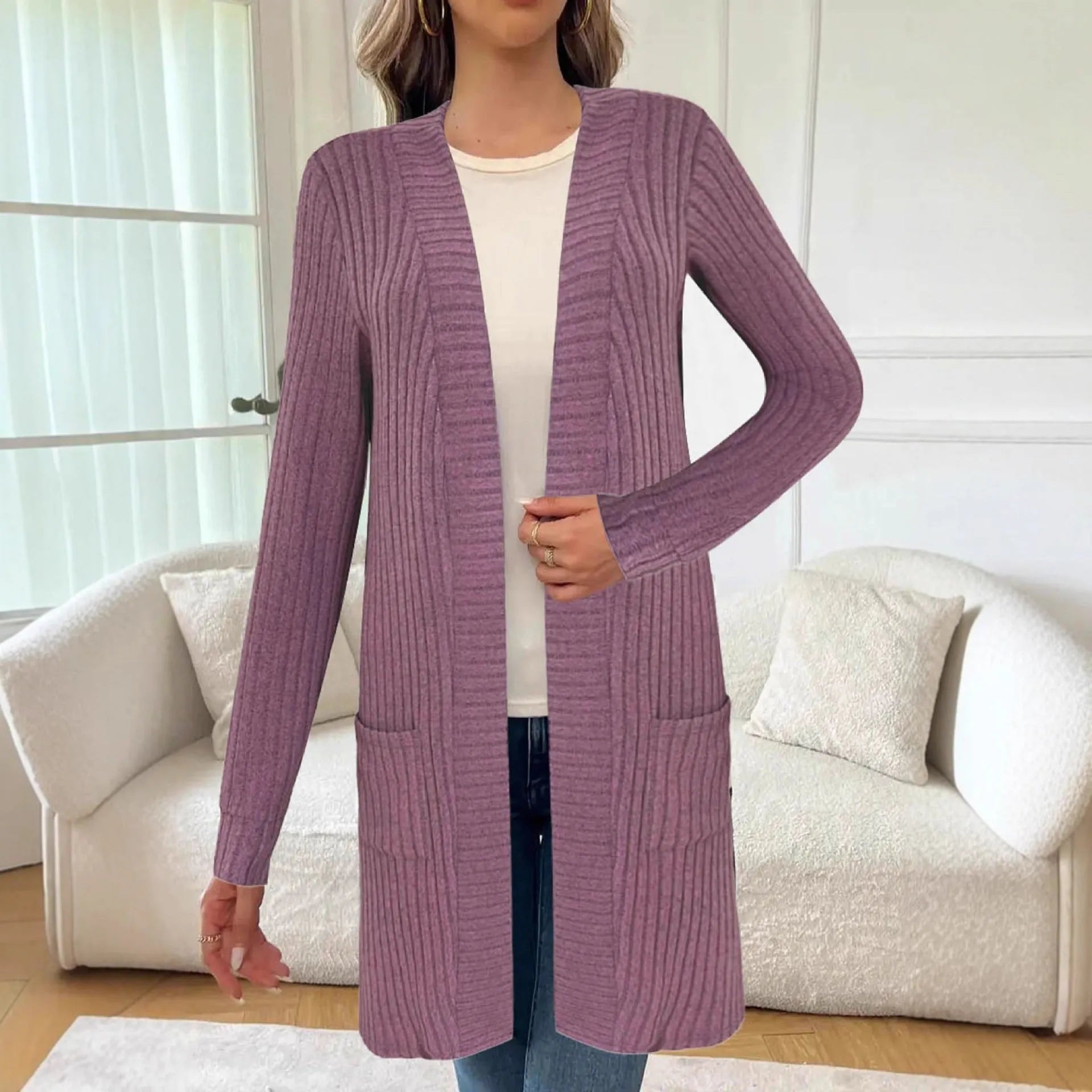 Long sleeve loose fit knitted cardigan jacket in black, grey, or wine red with pockets.