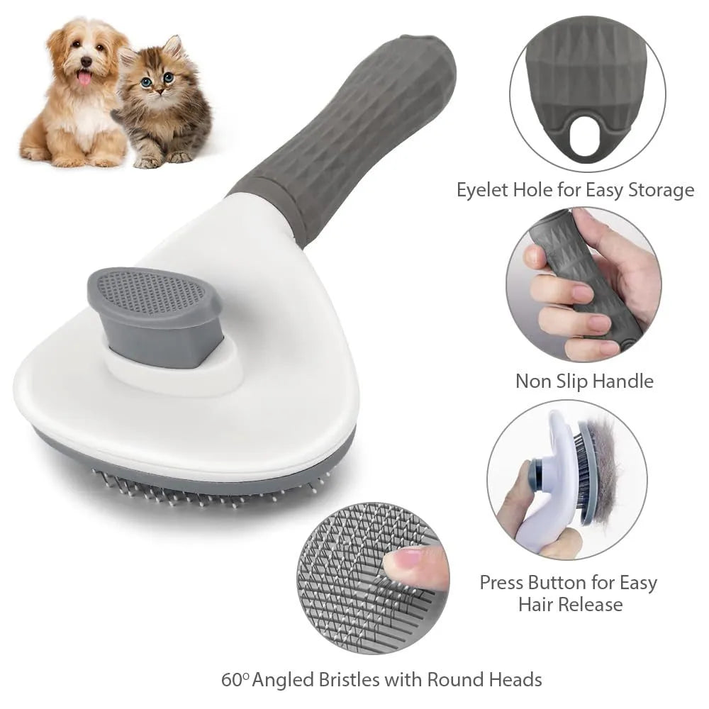 Blue cat grooming brush with release button for removing pet hair