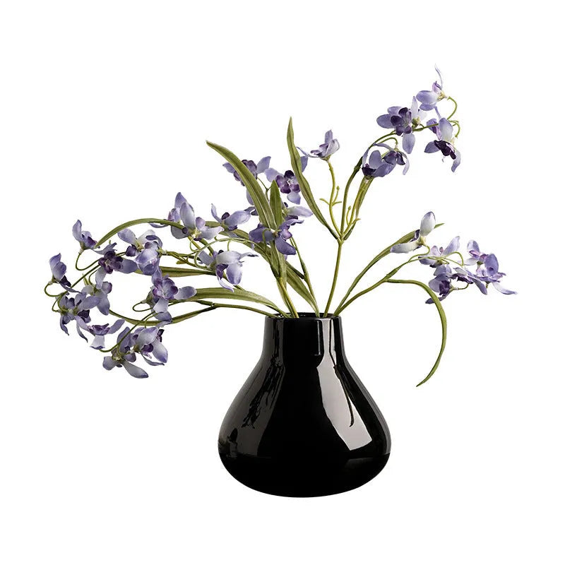 Ceramic round belly French vase in black or white glaze with optional artificial orchid flowers