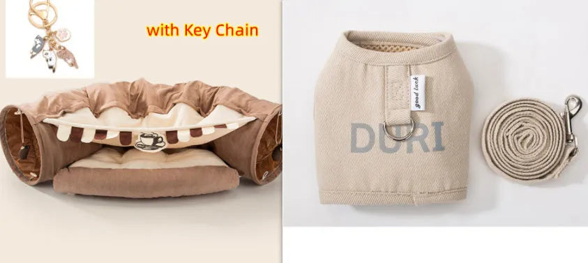 Collapsible cloth cat tunnel shown in one of four colours: Bar, Coffee, Matcha, or Pink