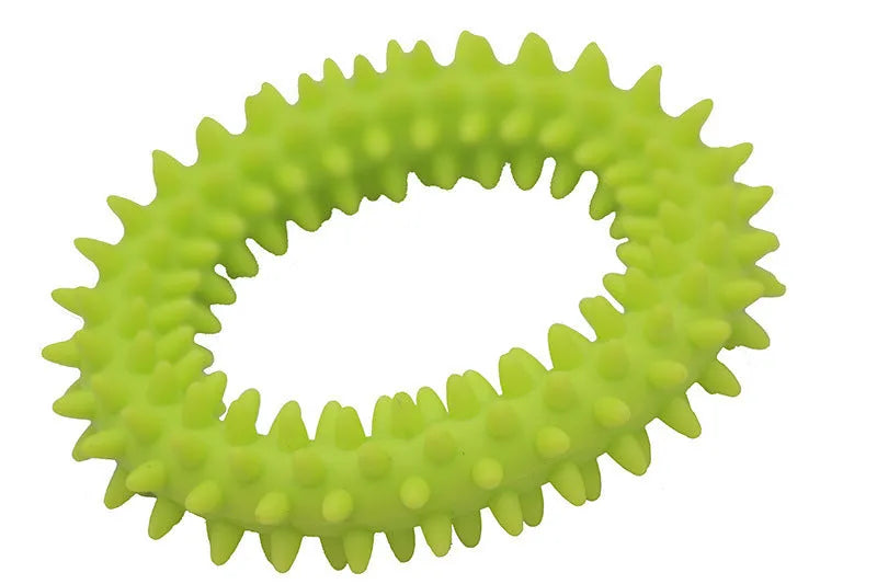 Blue TPR spiky ring dog chew toy with dental cleaning nubs on a white background