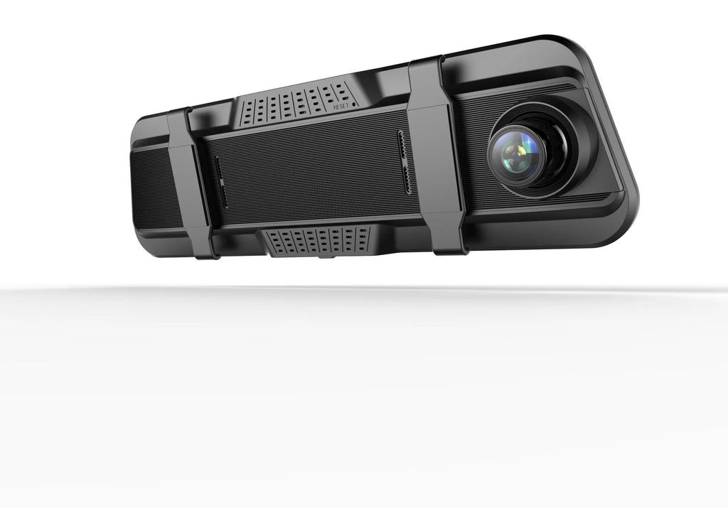 Black dual-lens driving recorder with large touch screen mounted on a car windscreen.