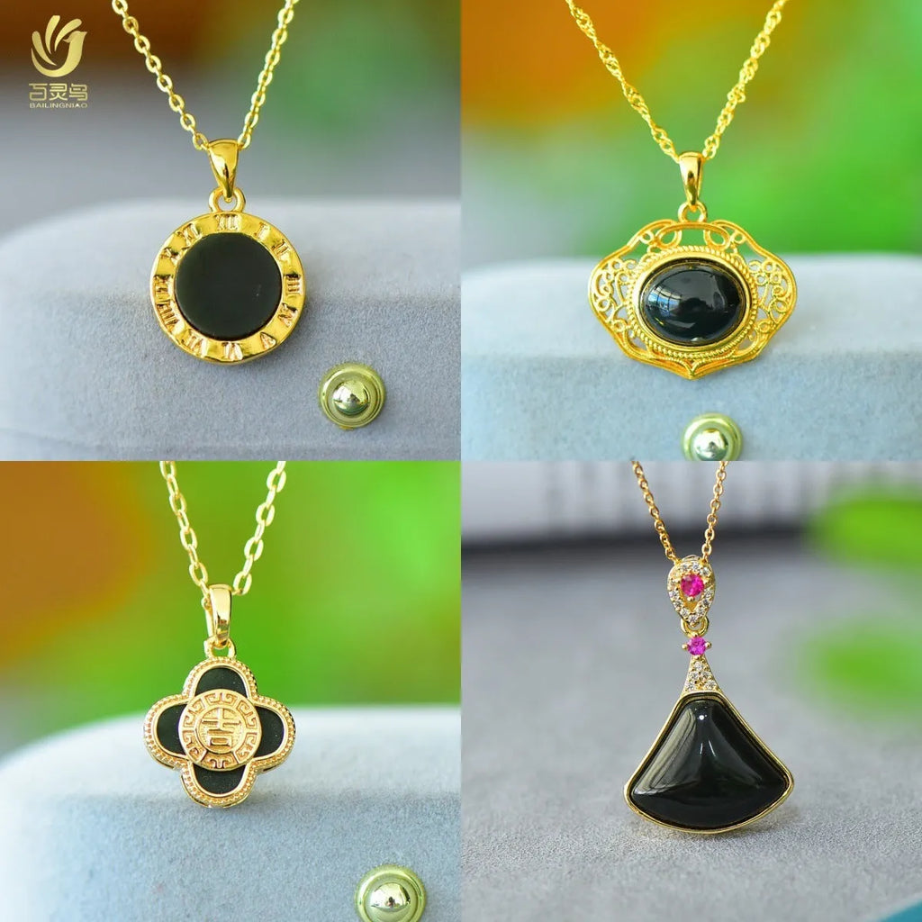 Natural Hetian jade pendant with copper inlay detail on necklace chain