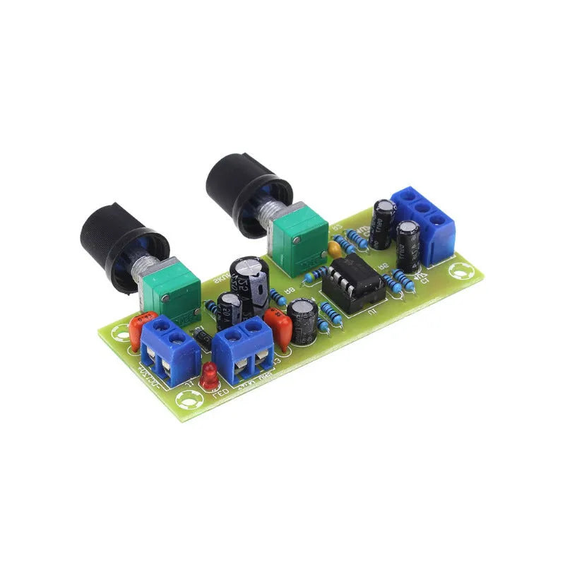 Single power supply 10-24V bass boost front stage circuit board on FR-4 fibreglass measuring 78x32mm