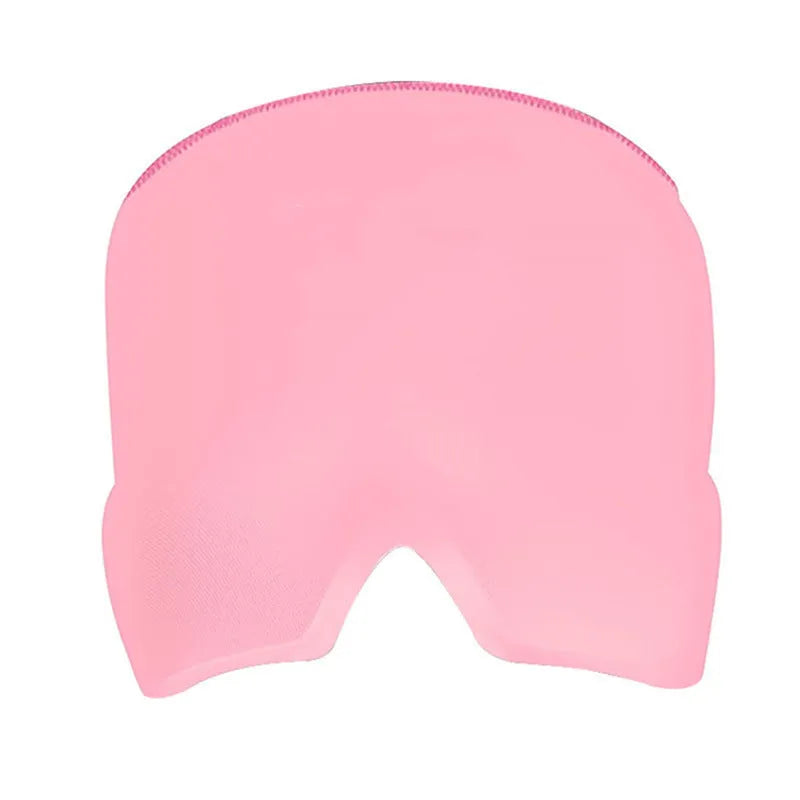 Black adjustable cold compress gel eye mask for headache relief on a plain background.