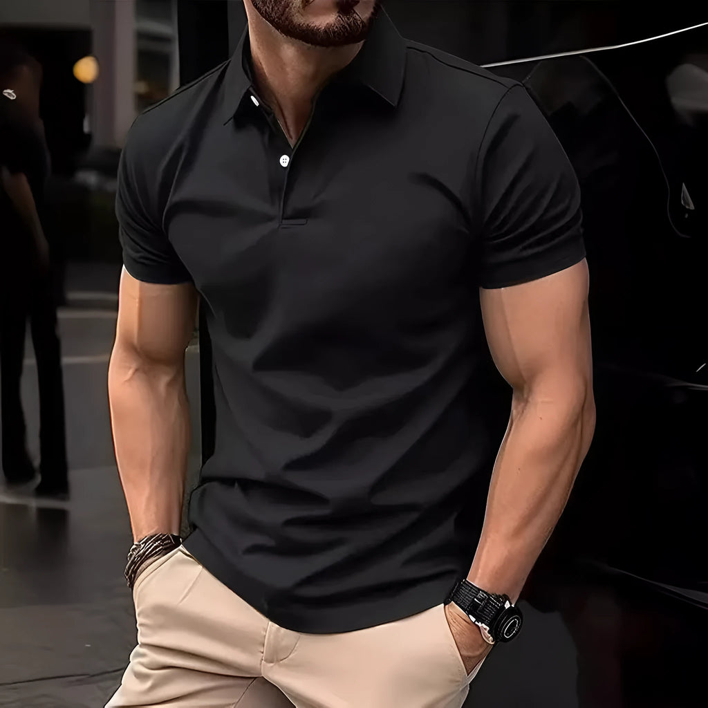 Men's solid colour slim fit short sleeve casual shirt with button front on a hanger.