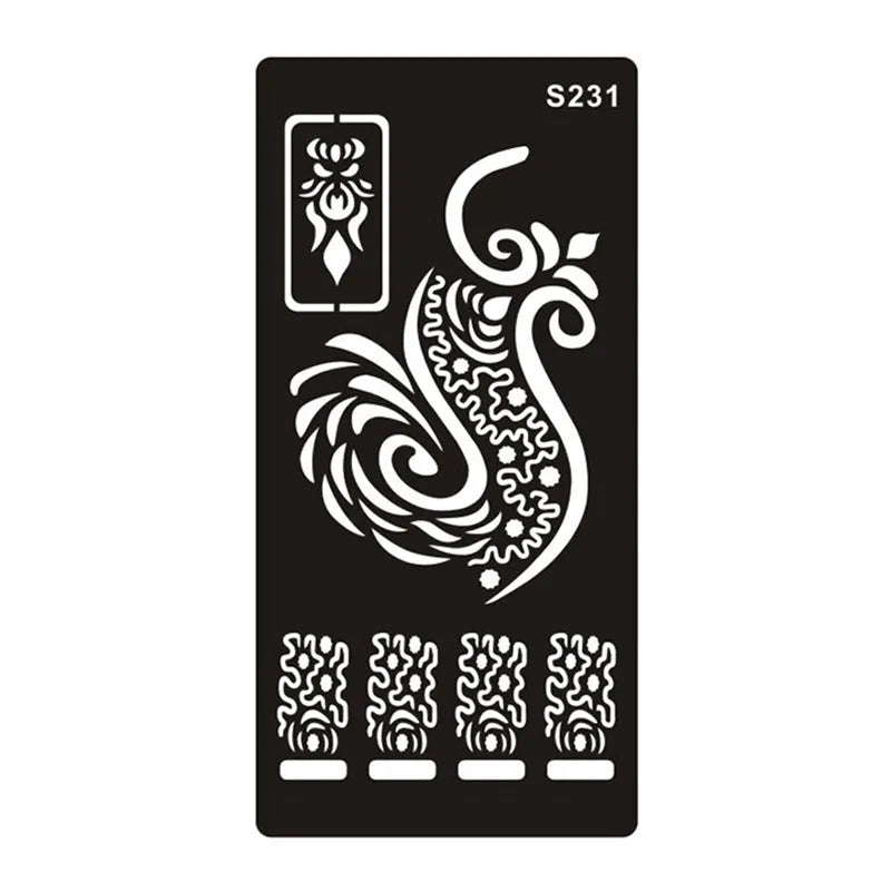 Sheet of hollow geometric and Southeast Asian style temporary tattoo templates on water transfer paper.