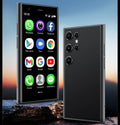 Mini smartphone with 30 screen in black, green or pink purple colours showing straight plate design