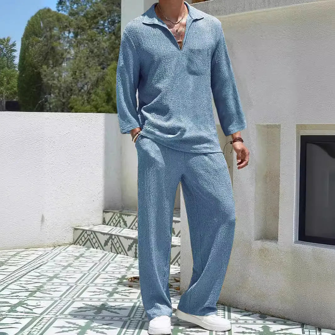 Men's casual polyester shirt and trousers suit set in lake blue colour.