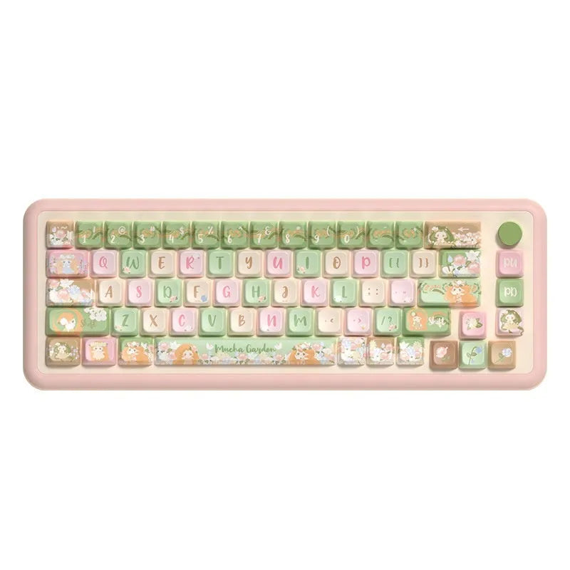 Custom printed Summer Garden theme mechanical keyboard keycaps, showing 138-key and 158-key set options.