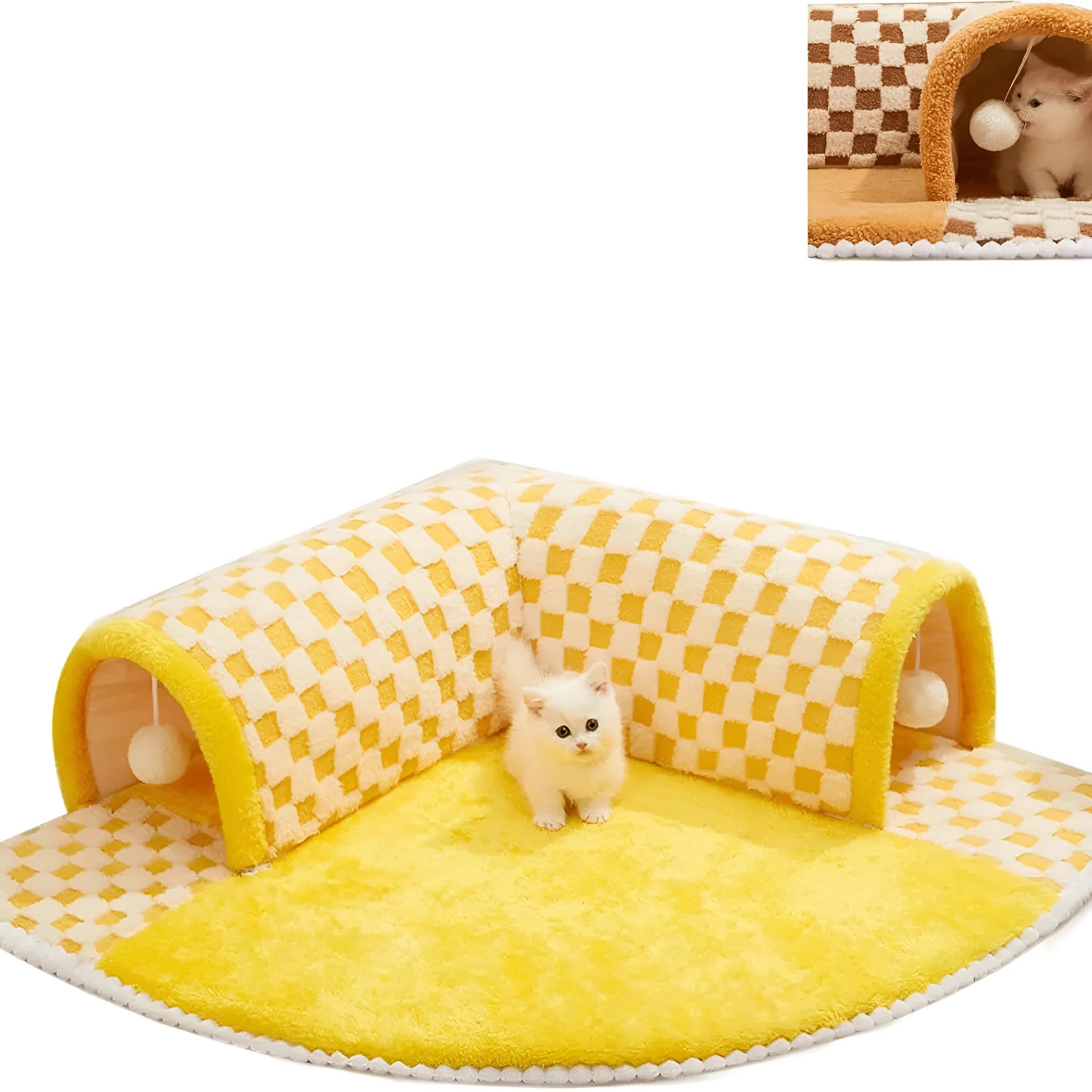 Brown plush plaid cat tunnel bed with central mat on a wooden floor.