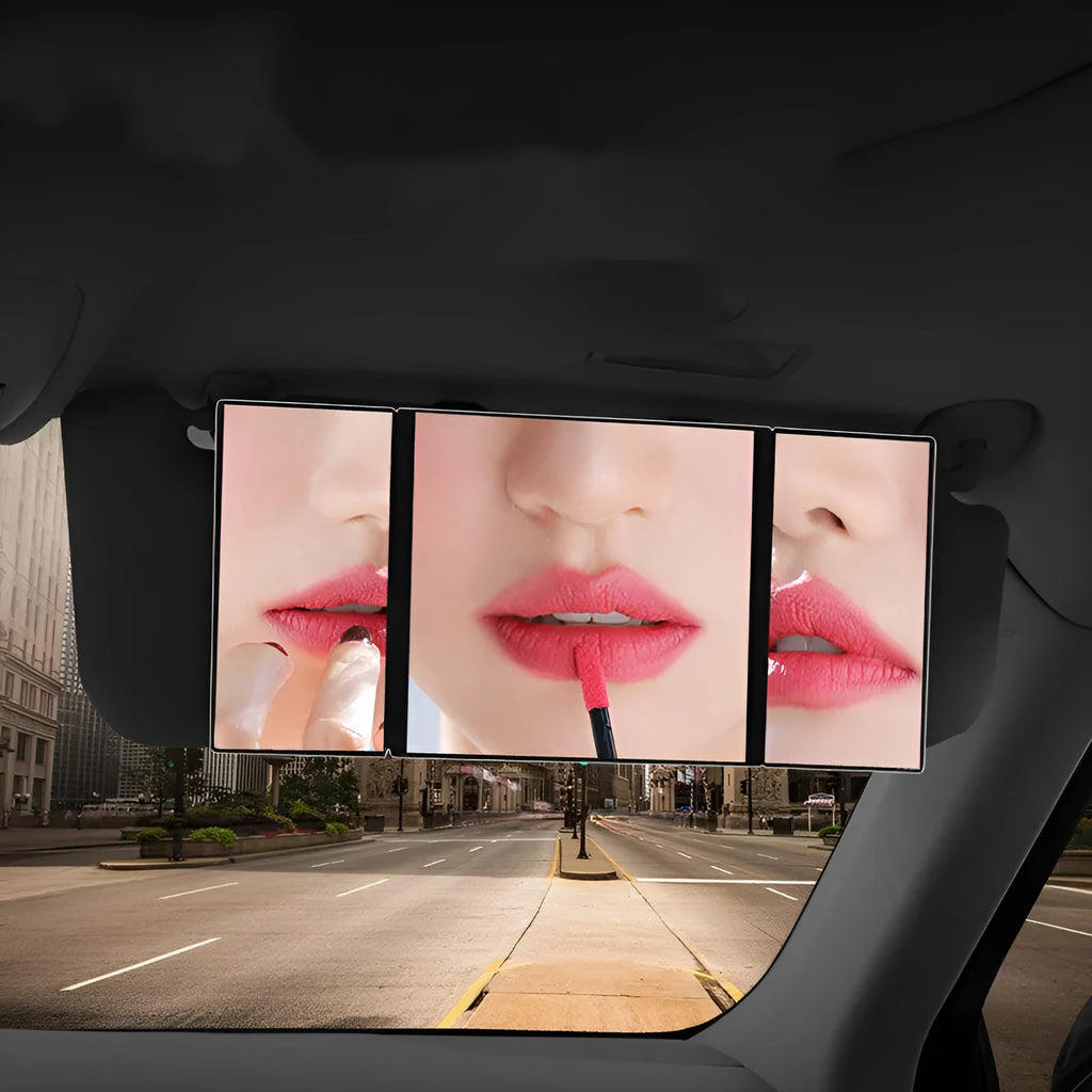 Silver folding car visor makeup mirror SD-2408 shown open and closed with ABS frame