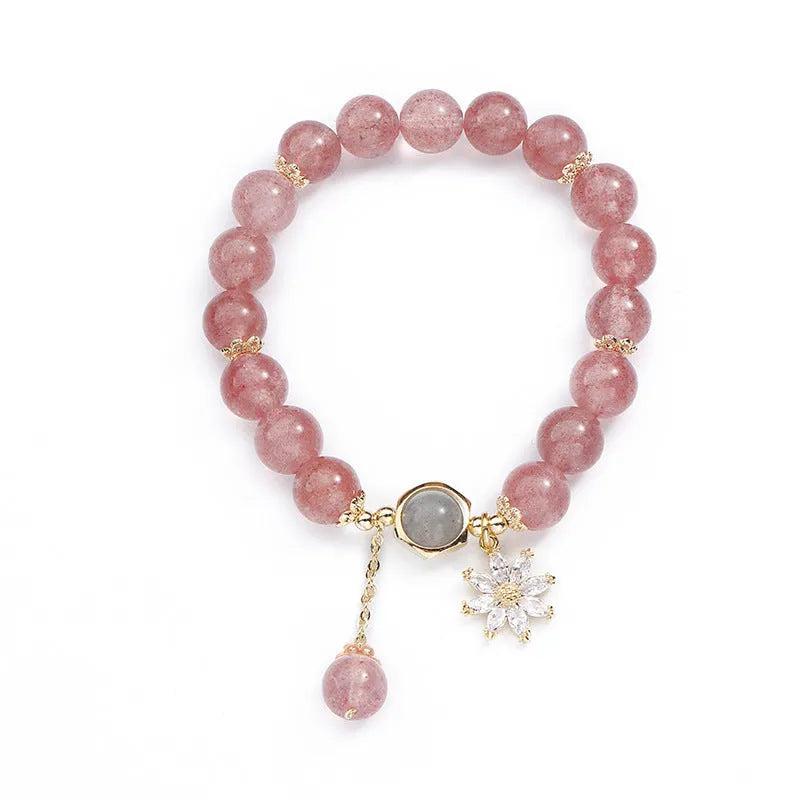 Strawberry quartz crystal bracelet with floral Mori style design and electroplated finish