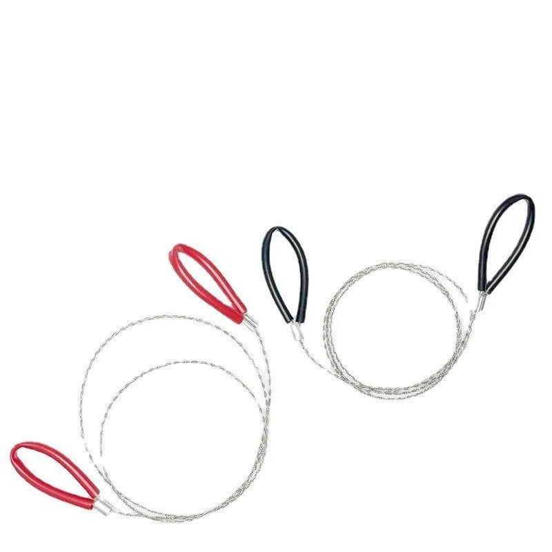 German stainless steel survival wire saw with black leather hand case, showing the four-strand cutting wire.