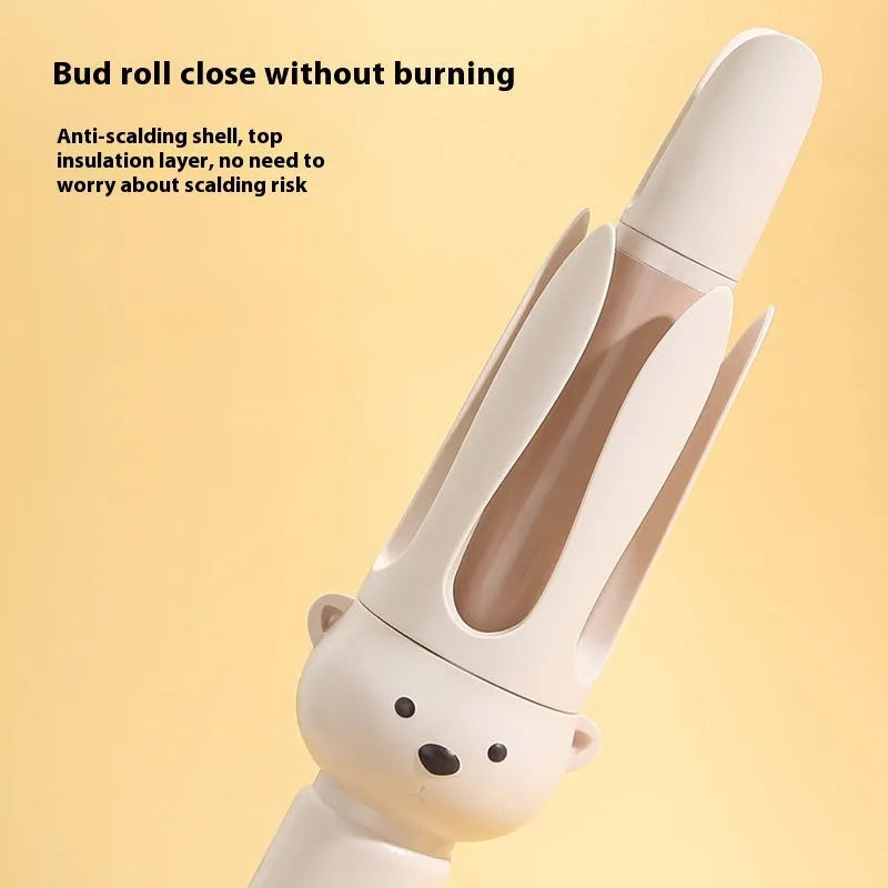 Beige automatic hair curler with rotating barrel and negative ion technology