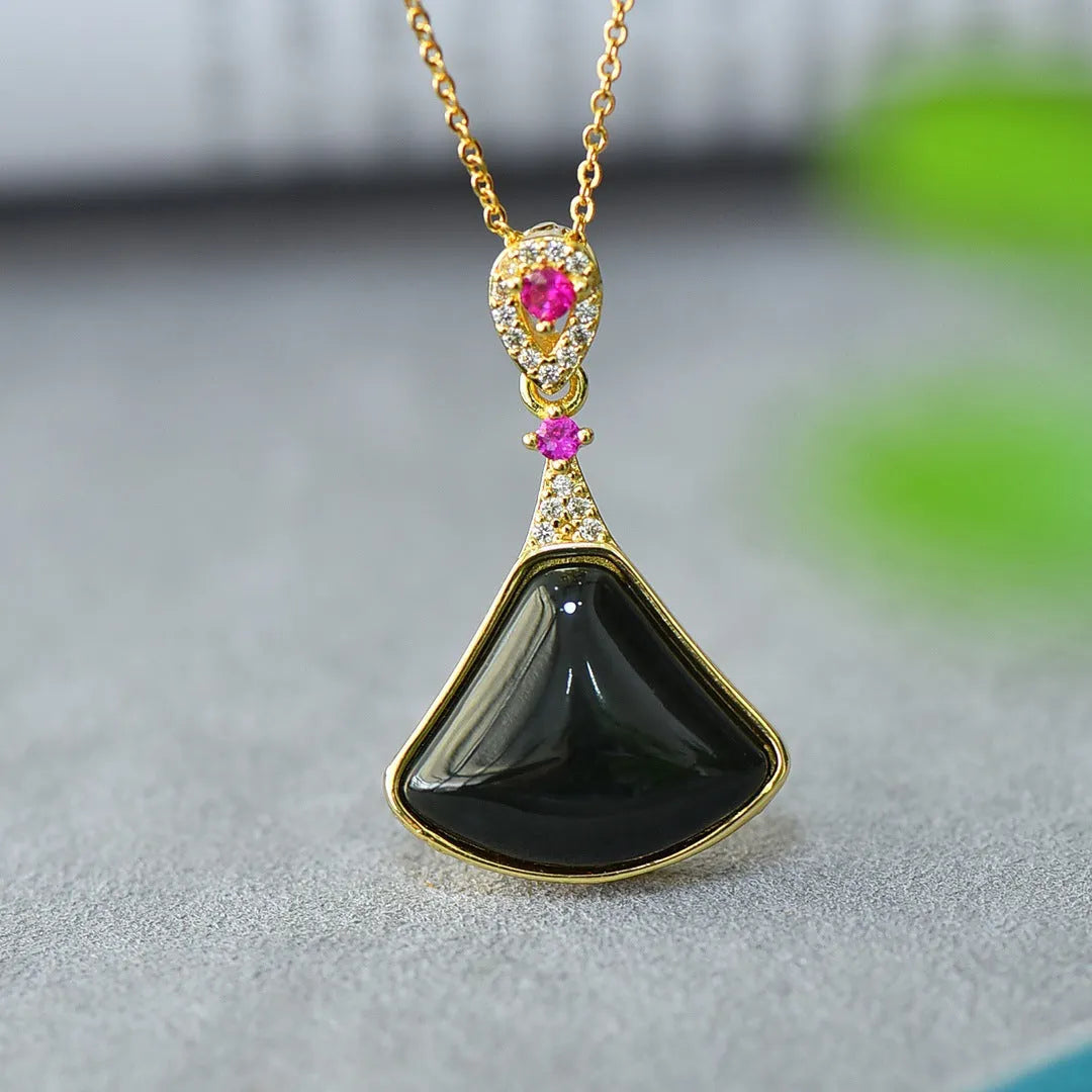Natural Hetian jade pendant with copper inlay detail on necklace chain
