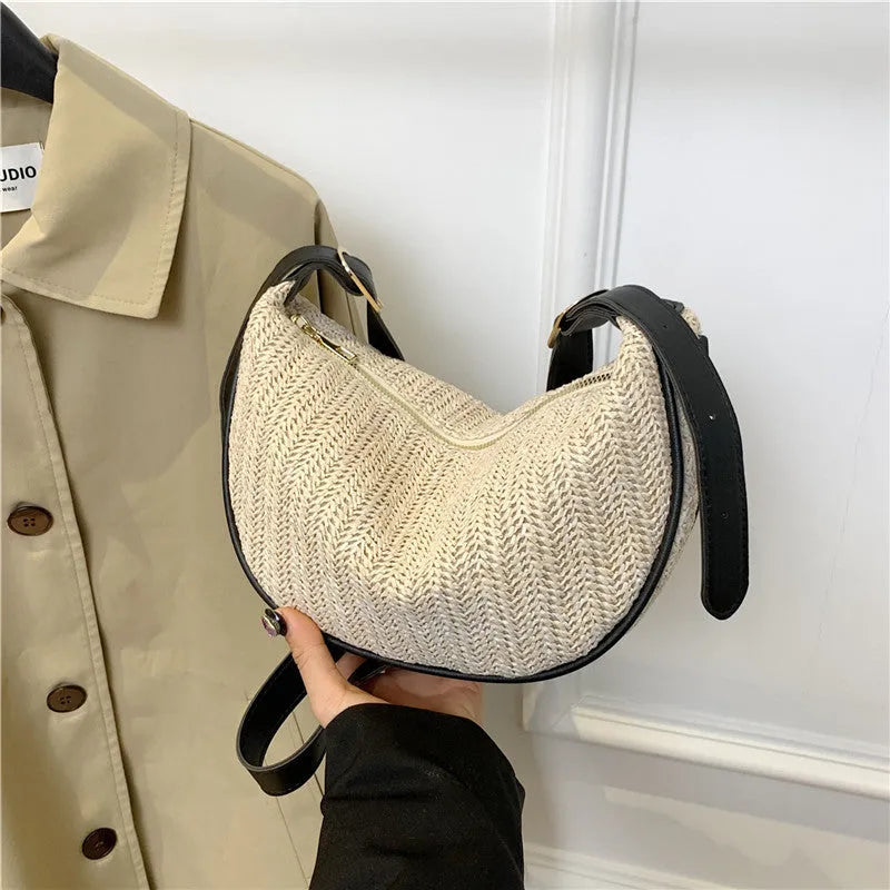 Women's knitted straw woven crossbody bag with internal compartments in corrugated brown colour