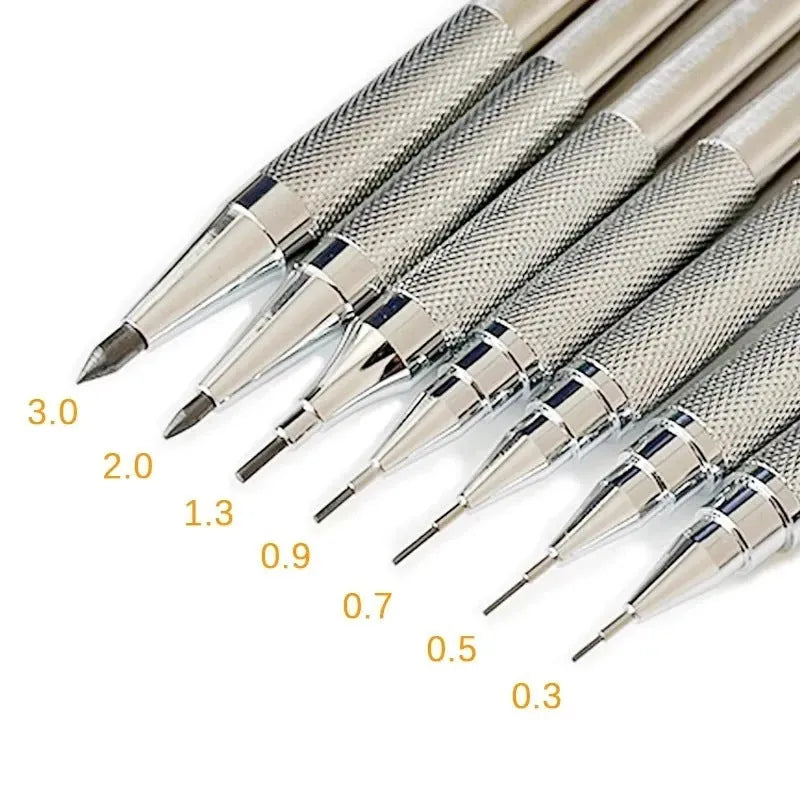 Metal mechanical pencil with automatic feed mechanism and choice of five lead sizes