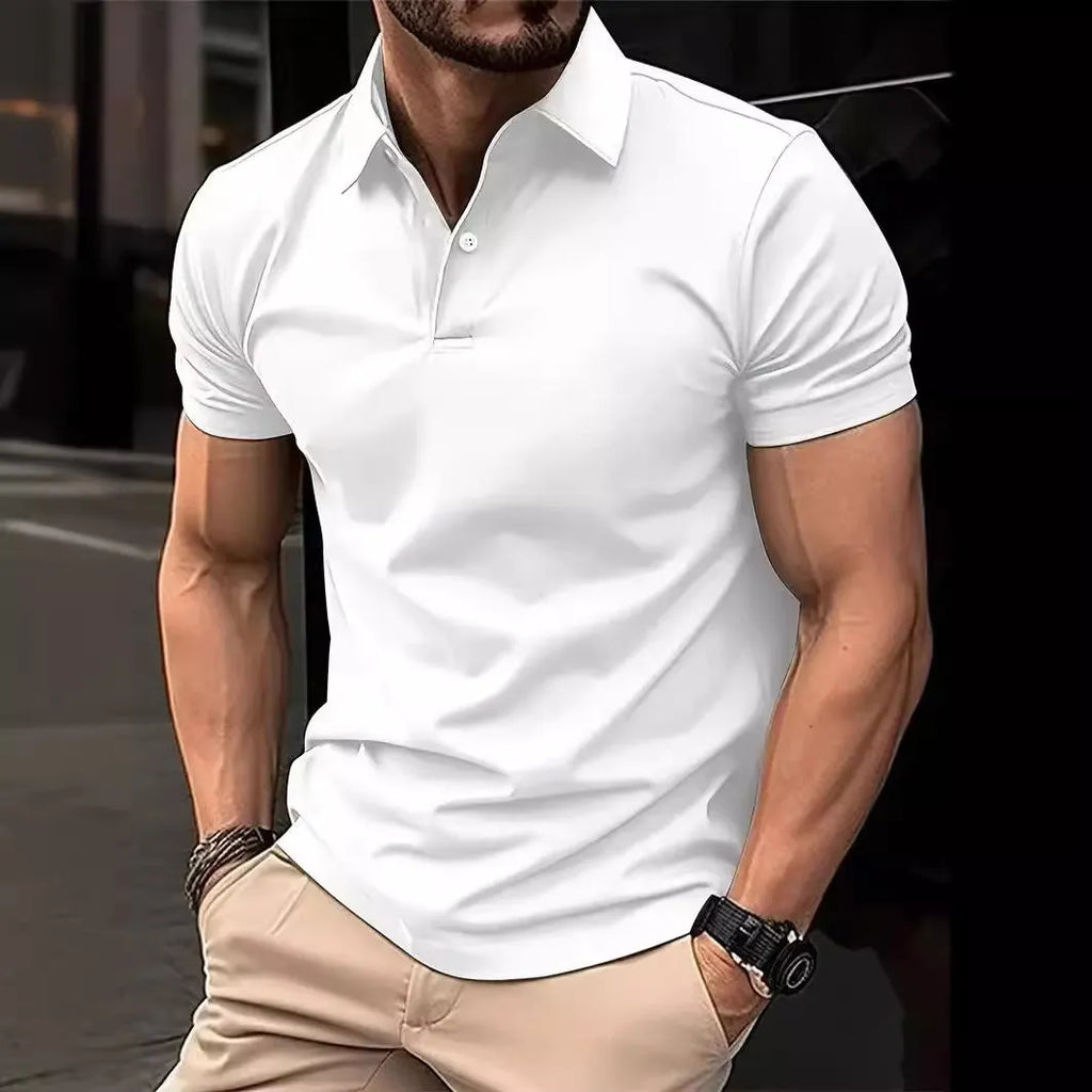 Men's solid colour slim fit short sleeve casual shirt with button front on a hanger.