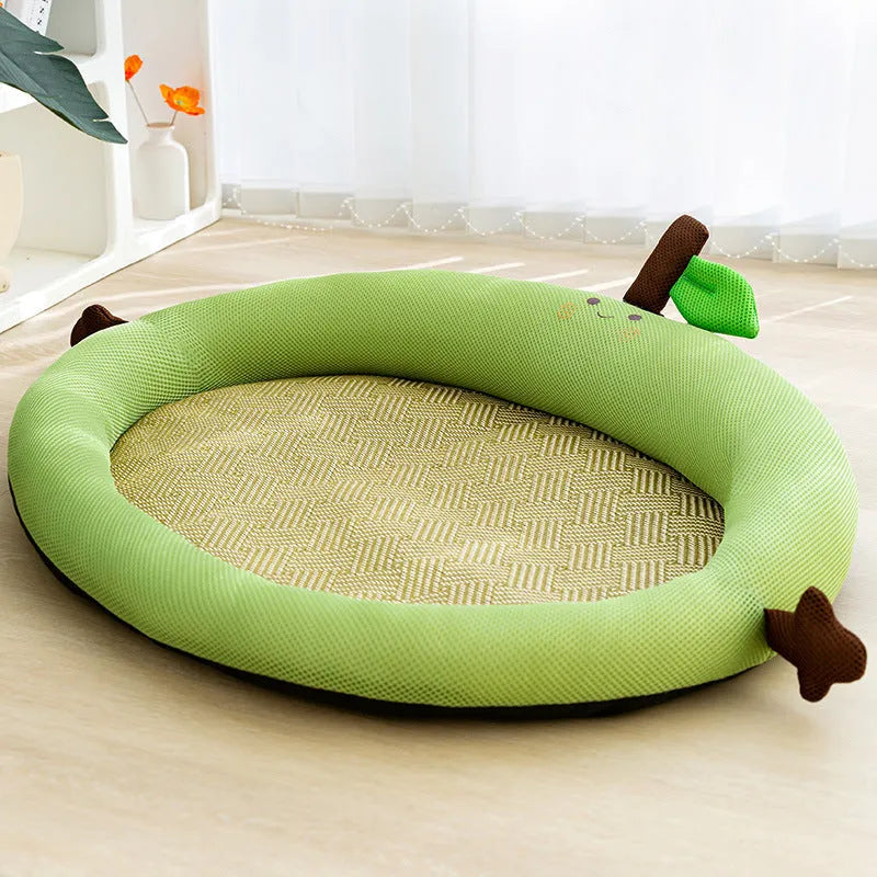 Fruit pattern pet cooling mat with backrest in green colour showing four size options