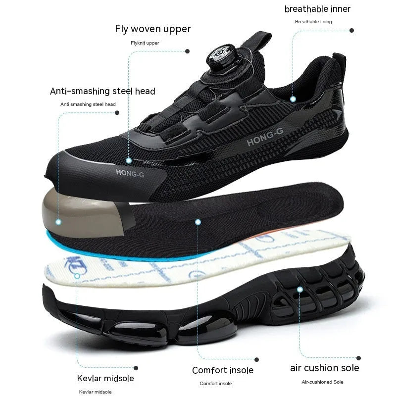 Lightweight black industrial safety shoes with steel toe cap and lace-up front