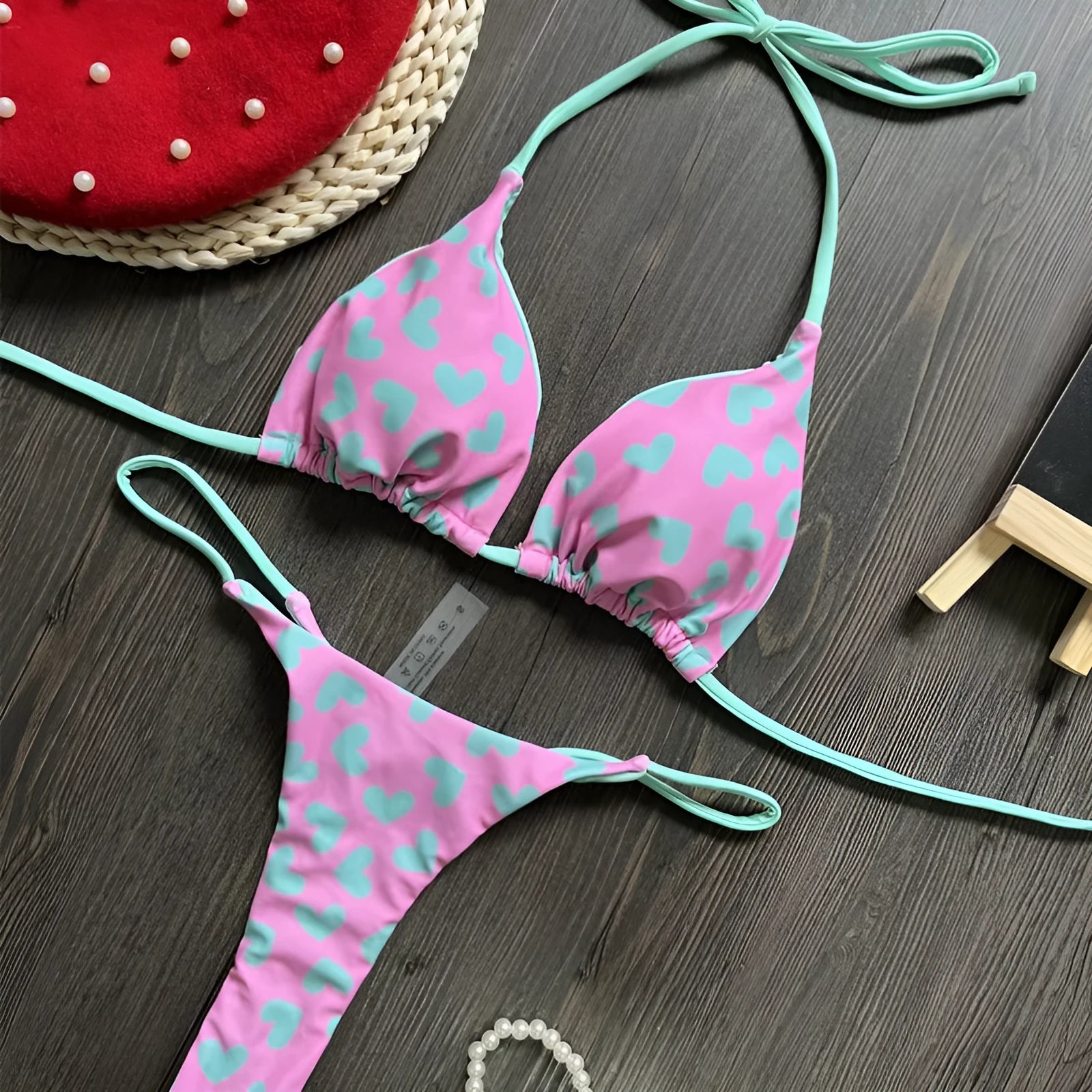 Women's heart print backless swimsuit with split design in brief style
