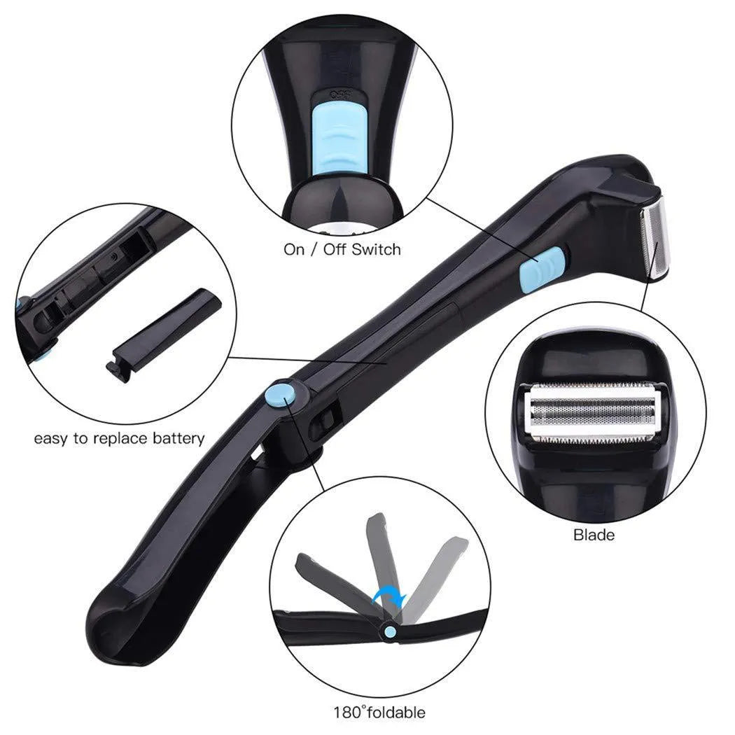 Black folding electric body hair shaver with battery compartment.