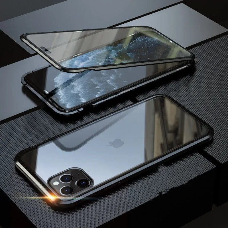 A glass clamshell anti-spy privacy case for iPhone, shown in a solid colour with a geometric design.
