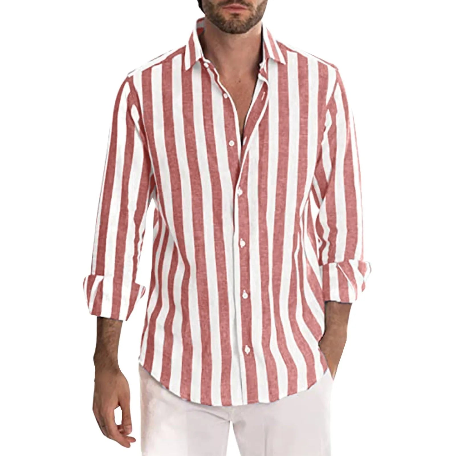 Men's loose striped long-sleeved cardigan shirt in British style on a hanger