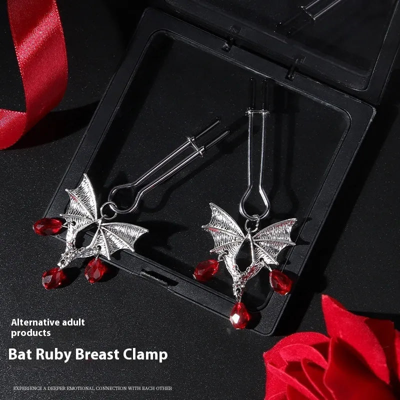 Silver alloy bat nipple clamp and adjustable clitoral clip set with ruby bat design