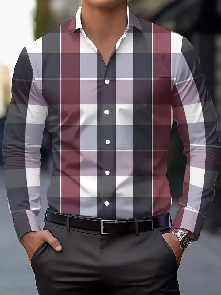 Men's striped printed long sleeve button-up shirt in polyester available in multiple colours and sizes up to 5XL