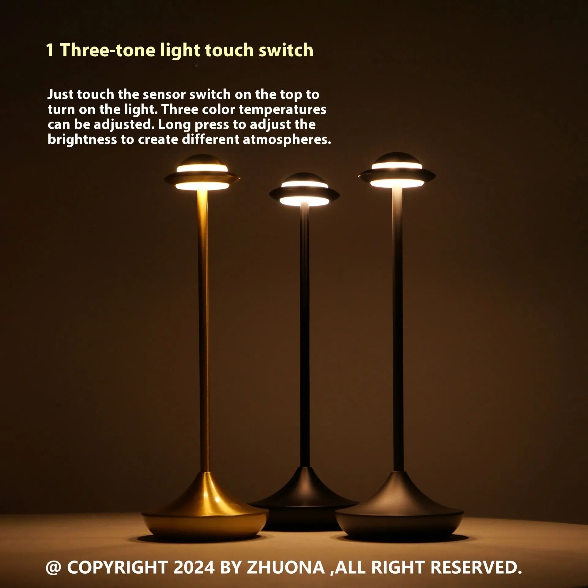 UFO-shaped metal table lamp with touch controls showing three colour dimming options