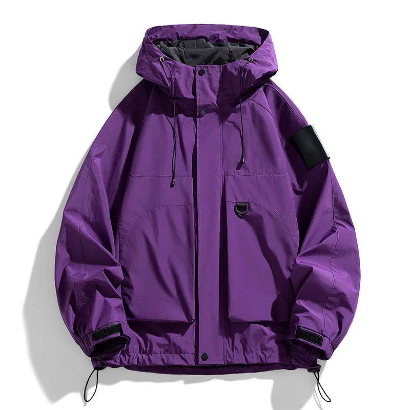 Men's waterproof windproof hooded jacket in polyester blend available in black, ginger yellow, or purple