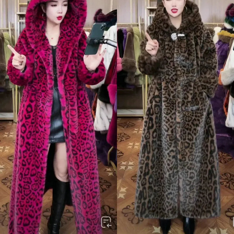 Women's plus size long faux fur coat in brown leopard print pattern with 100cm length