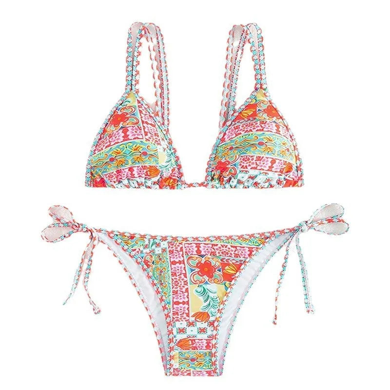 Women's lace-up front swimsuit bikini set with split leg and backless briefs