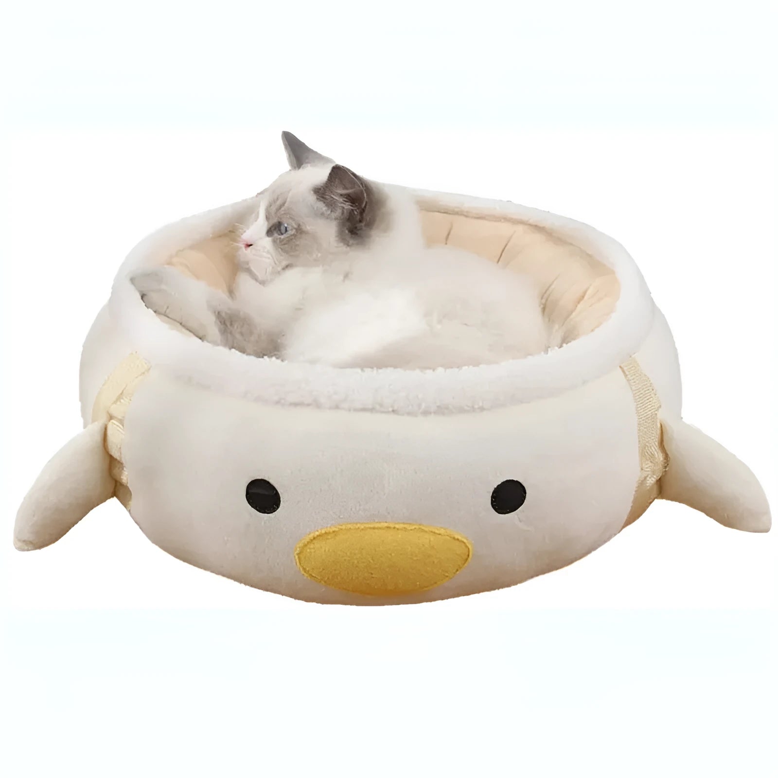 Green dinosaur and chick shaped cat bed shown both flat as a sofa and hanging as a hammock for small pets.