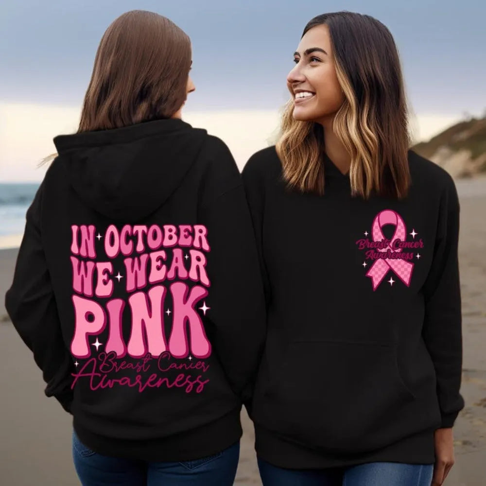 Breast Cancer Awareness pullover hoodie with retro art design and side seam pockets in pink colour.