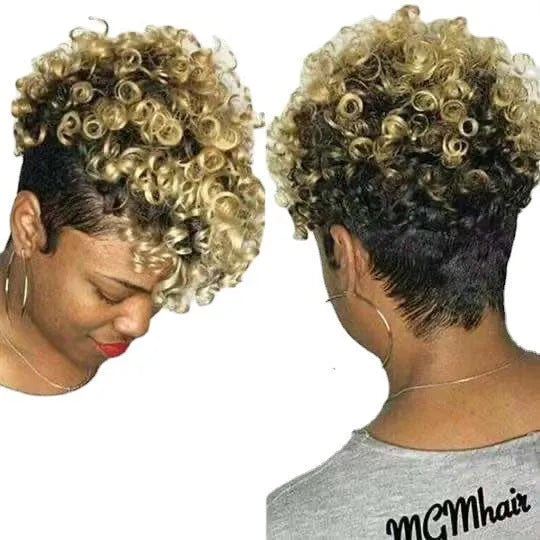 Women's short synthetic wig with simple rolls style in multiple colour options including black, brown, gold and gray